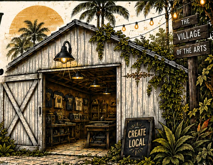 An open white barn print shop strung with lights, with a Create Local chalkboard and a Village of the Arts sign among palms.