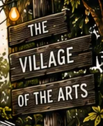 A hand-painted wooden sign reading The Village of the Arts